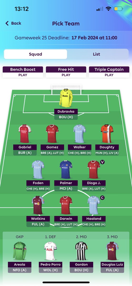 martynathomas's tweet photo. @FPLOlympian I’m very tempted to BB - means I can put more funds into first 11 on wildcard. Palmer to Saka might be the transfer this week. https://t.co/r9disYWfwY