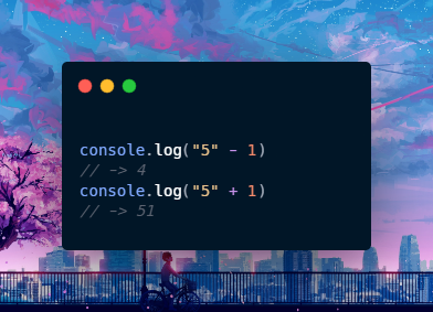 iamjogendra's tweet photo. Type Coercion in JavaScript 

When an operator is used with the "wrong" data type, javascript tries to implicitly convert it into the type it needs. This is called type coercion. 

In the image below, JS converts "5" in Integer, thus result 4. But in the 2nd operation '+' is a valid operation ( string concatenation ), therefore it converts 1 into a String, giving the result 51.