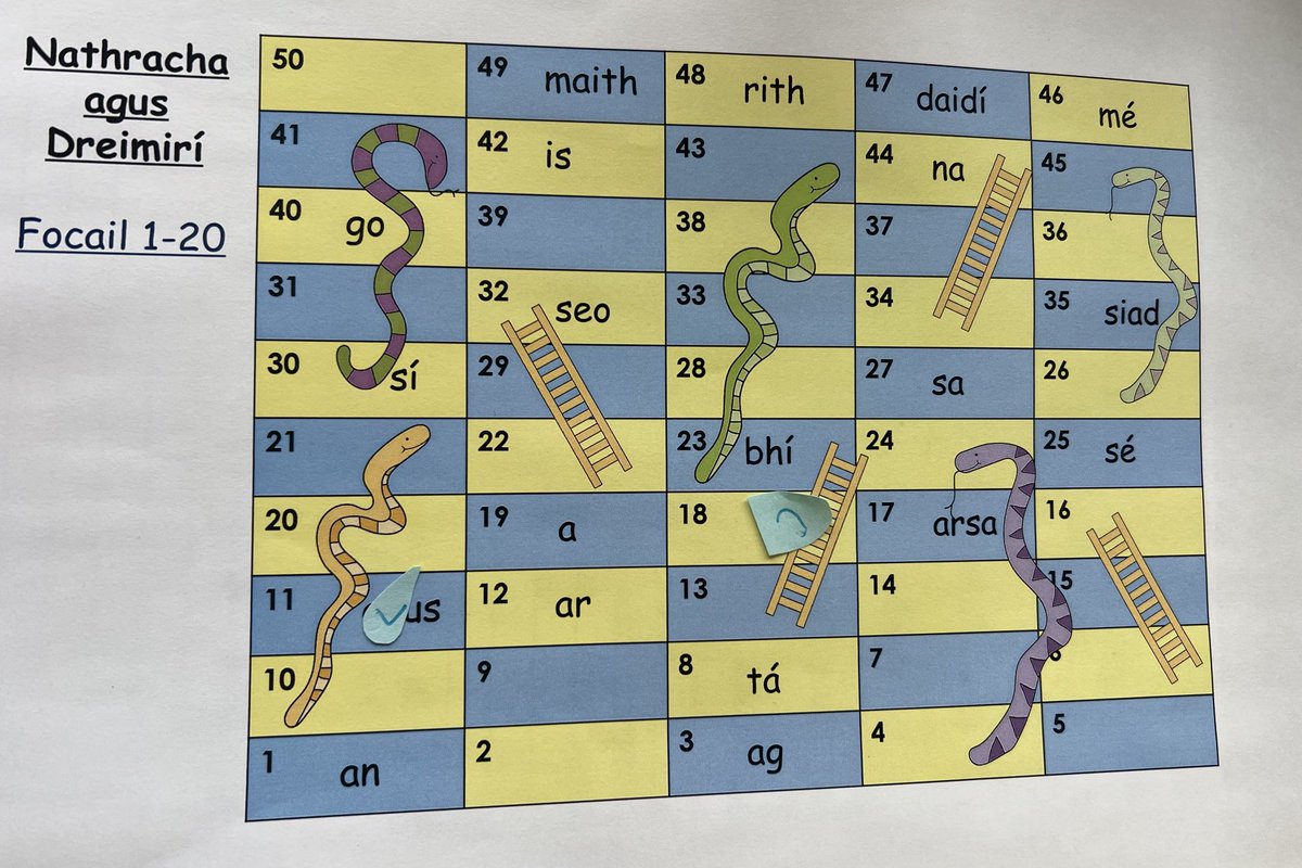 LisaNiLuing4's tweet image. Ag baint úsáid as cluiche nathracha &amp;amp; dréimirí a dheineas ar maidin chun na focail ardmhinicíochta a chleachtadh🎲 trialling a snakes and ladders #highfrequencyword game I made this morning #múineadhnaGaeilge #ELA #boardgame #snakesandladders