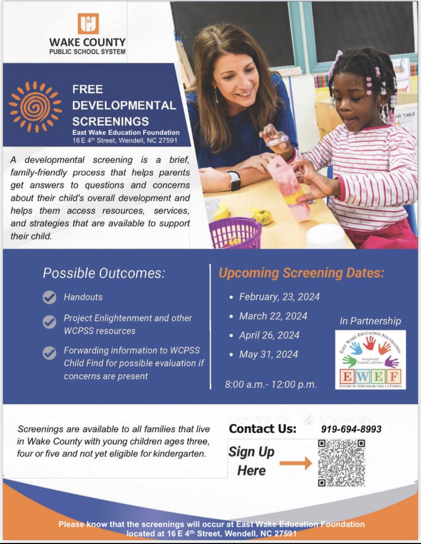 Project Enlightenment is offering free developmental screenings in Wendell. Sign up using the QR code on the flyer #WCPSS