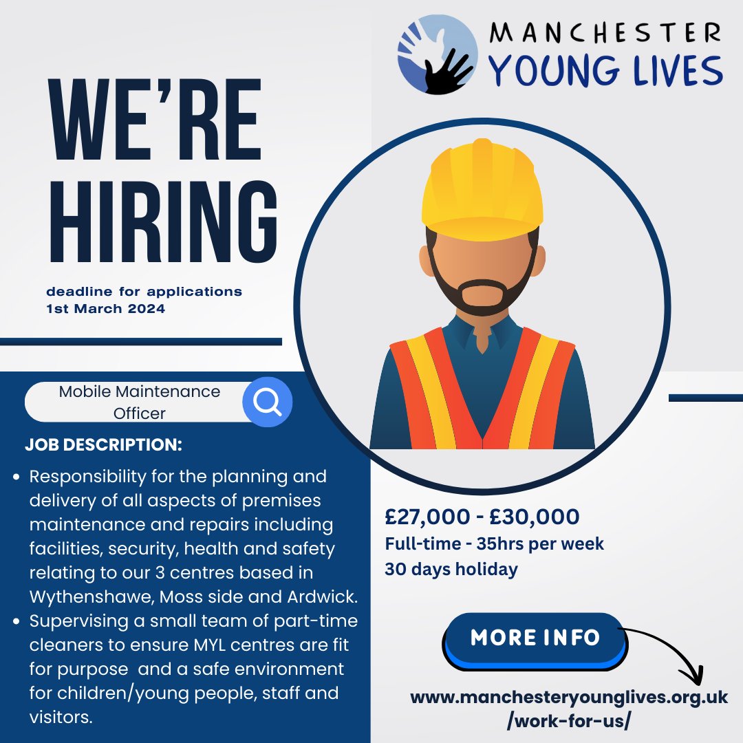 📢We are Hiring! Currently looking for a maintenance Officer, if interested, please visit our website for more information  on how to apply .

manchesteryounglives.org.uk/work-for-us/

#HiringNow #Recruiting #jobopportunity #jobvacancy