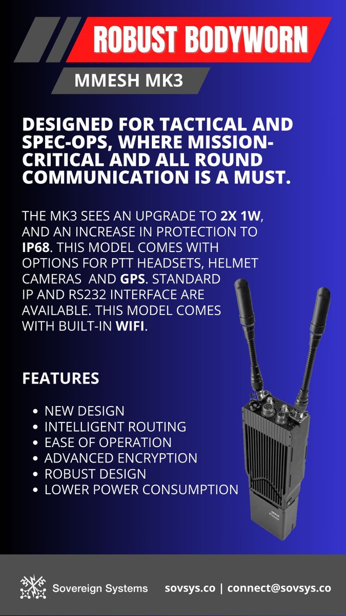SovereignSys's tweet photo. The MK3, for tactical and spec-ops, where mission-critical and all round communication is a must. The new design, sees an upgrade to 2x1W and to IP68. #ipmeshradio #criticalcomms #manet #ipradio #meshradio #leo #criticalcommunications #military #criticalcomms #manet #ipradio https://t.co/JWnk0qEv4N
