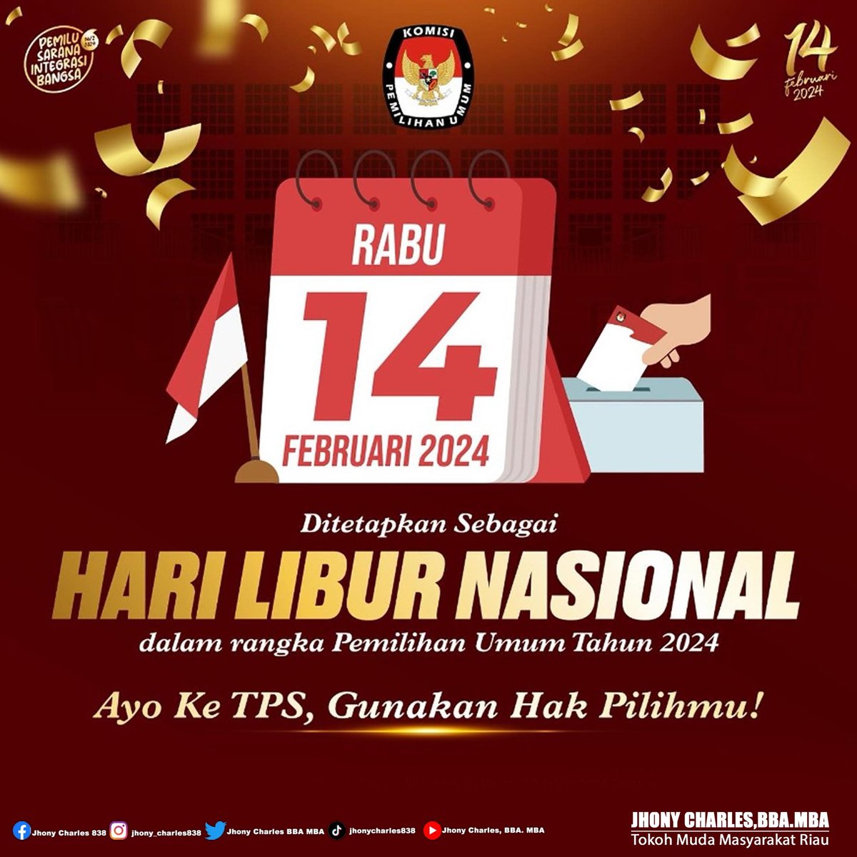 Ayo Sukseskan Pemilu 2024
GOLPUT BUKAN SOLUSI.!!!

Datang KE TPS 14 februari 2024
gunakan hak pilih mu.!

#pemuli2024 #pilpres2024 #pemilu #pilpres #pileg #indonesia
#indonesia #JC #Indonesia #Riau #RokanHilir #KamiAnakRiau #JhonyCharles838