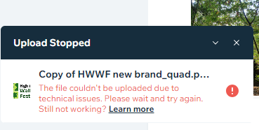 emmahansonwhite's tweet photo. @WixHelp, I've not been able to upload any new images to my site files for 2 weeks now - I urgently need to update a logo, any idea what the problem is pls?  The error message refers to 'technical issues'. Any advice appreciated, thanks https://t.co/0WTjaieLZL