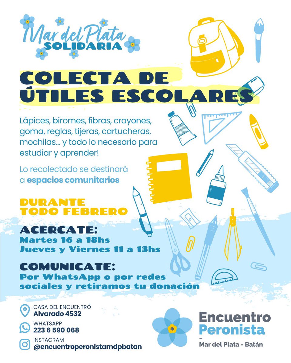 flguti82's tweet photo. #MarDelPlata SOLIDARIA ❤️

Durante todo febrero vamos a realizar una Colecta de Útiles Escolares📝

ACERCATE, Alvarado 4532, entre Italia y Misiones 📍

⏰ Martes de 16 a 18hs / Jueves y Viernes de 11 a 13hs

COMUNICATE, por WhatsApp al 📲223 6 590 068 o por mensaje directo https://t.co/rs5bTnBMhY