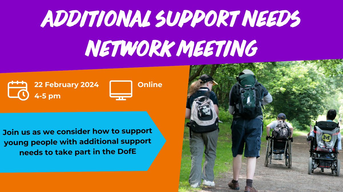 DofEScotland's tweet photo. 📅Join our ASN network meeting to discuss how to make #DofE more accessible to everyone! Hosted by @bluebunkle and @DofETimCSO 

➡️Register by 21 March: https://t.co/2MAXB2pAkL https://t.co/omkrJiREmc