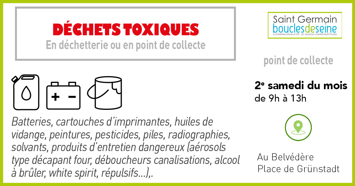 [COLLECTE DES DÉCHETS TOXIQUES] ⚠️
La collecte se tiendra DEMAIN samedi 14/12 de 9h à 13h, place de Grünstadt (à côté de la salle des fêtes).
✅ Seront collectés : peintures, solvants, pesticides, piles, batteries, radiographies...
+d’infos : bit.ly/col_CASGBS