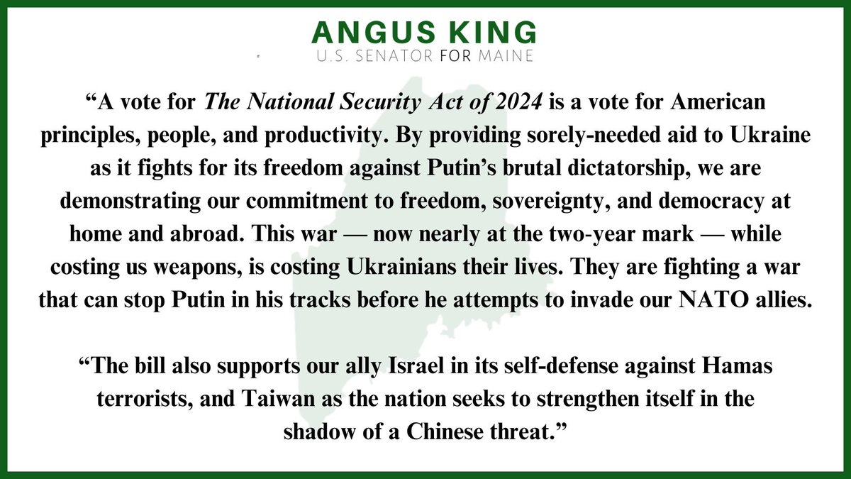 SenAngusKing's tweet photo. Today, the Senate chose honor in Ukraine, Israel, Taiwan and freedom-loving democracies across the globe. https://t.co/TFlpdvp5lP
