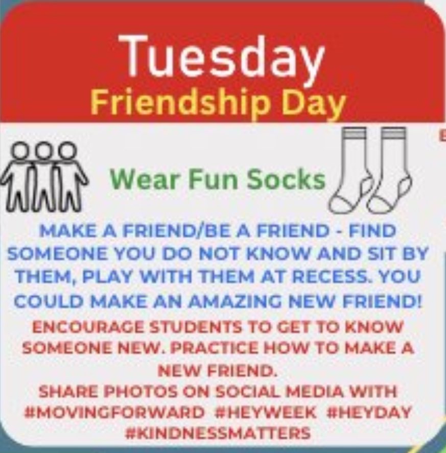 lrich_99's tweet photo. #HEYWeek day 2 tomorrow!!
Pair up with a pair of silly socks ๐งฆand a new friend!!Go out of your way to meet someone new! Smile ๐ say #HEY! Great opportunity to use and develop friendship skills ๐
All Ss need to practice these skills! ๐ฉ๐ปโ๐๐จ๐ฟโ๐๐ง๐ผโ๐๐จ๐ฝโ๐๐ฉ๐ฝโ๐๐ง๐ผโ๐๐ง๐พโ๐๐จ๐ฝโ๐ https://t.co/LTtSopniTT