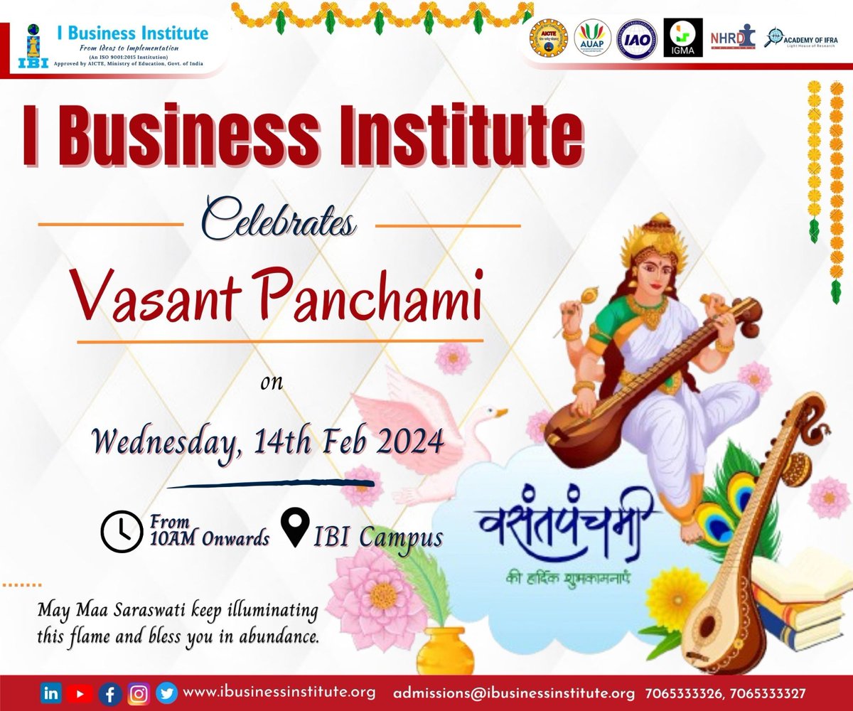 IBusinessInsti1's tweet photo. Embrace the hues of knowledge and creativity as we celebrate Vasant Panchami at IBI Campus on Feb 14th, 2024. Let the blessings of Goddess Saraswati inspire us to strive for excellence in all our endeavors.
#VasantPanchami #IBICampus #ibusinessinstitue #IBIans #pgdm #bestbschool https://t.co/SftbhZ2meJ