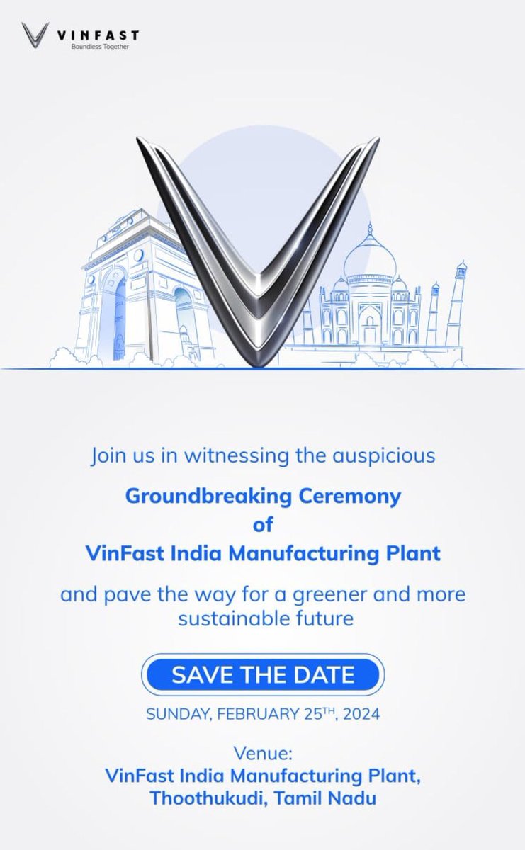 Ground breaking ceremony of VINFAST India Manufacturing Plant  is going to held on Sunday, Feb 25th at Tuticorin!!! 🤩🥰😍😇

#EmergingSouthTn #Tuticorin #Pearlcity #Nellai #Twincity #Portcity #GatewayofSouthTn #EV #vinfast