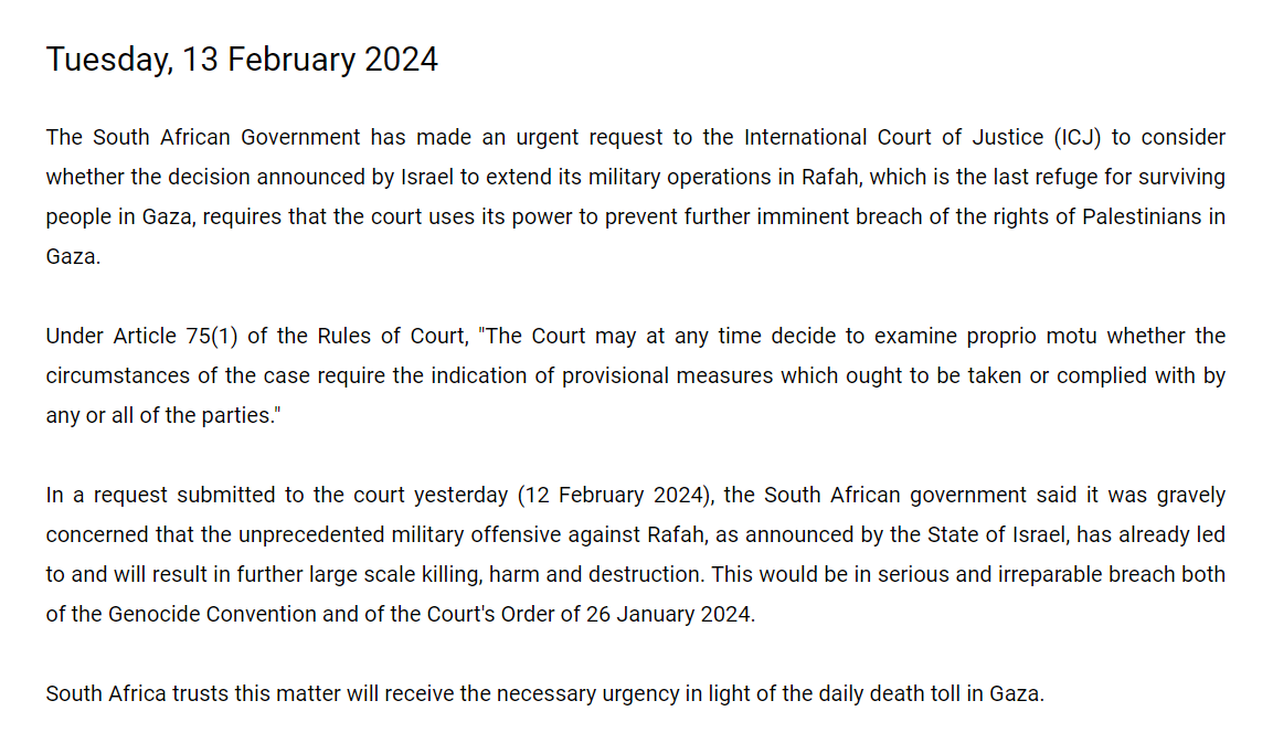 🚨BREAKING: South Africa has made an urgent request to the @CIJ_ICJ to consider using its power to prevent further imminent breaches of the rights of Palestinians in #Gaza after Israel's announced intention to extend its military operations to #Rafah. thepresidency.gov.za/south-africa-m…