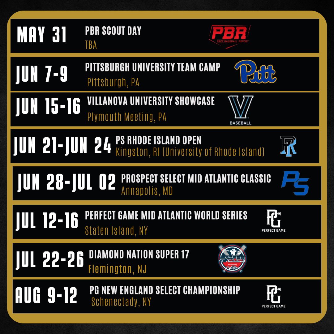 ECEBASEBALL's tweet photo. East Coast Elite Baseball 2025 Team Tournament Schedule! #TravelBaseball #CollegePrep #ECEB #WeGetTheJobDone #Proven @CoachK_ECEB https://t.co/AV2s3wLsIW