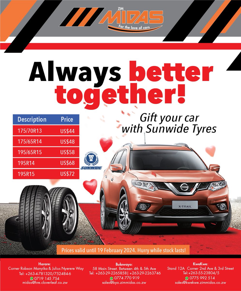 zimmidas1's tweet photo. Always better together!
Sunwide tyres are available at an affordable price at all our branches nationwide. Hurry while stocks last!
#ZimMidas #fortheloveofcars https://t.co/57NdbUTbZH