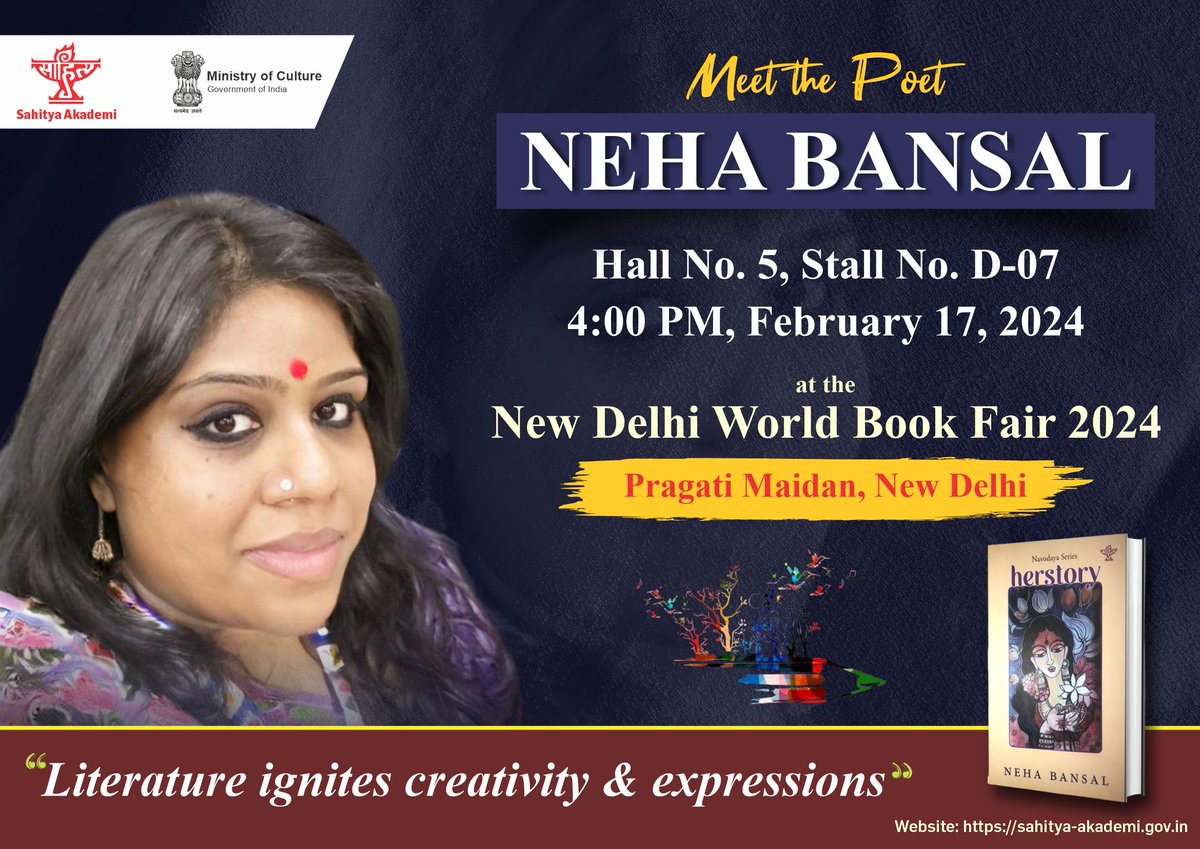 An exclusive book signing session with Neha Bansal as she presents signed copy of her poetry collection 'Herstory', a #SahityaAkademi Publication, on 17 February 2024 at 4 PM at Sahitya Akademi's Book stall_D-07_Hall 05 #NewDelhiWorldBookFair2024. @NehaBansal31 @rashtrapatibhvn