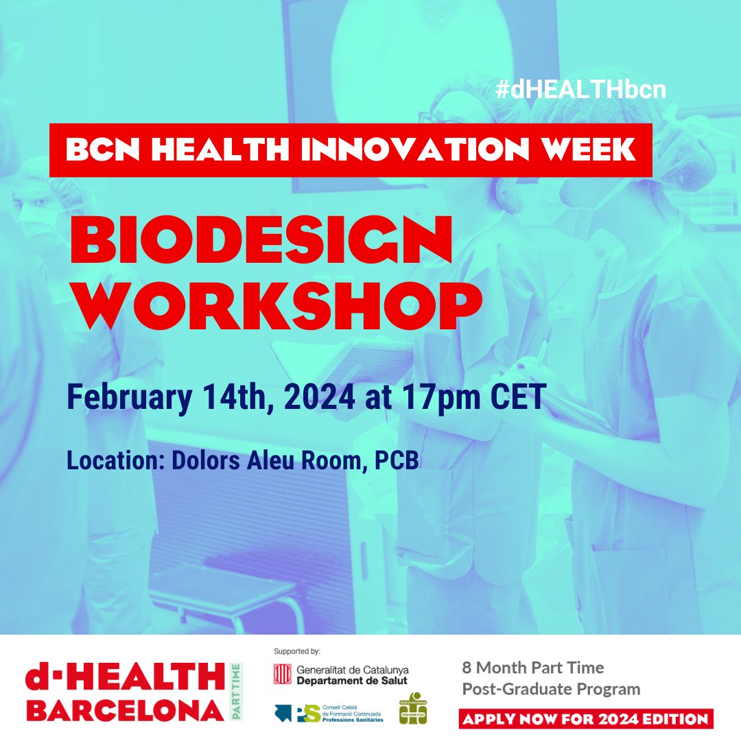 biocat_es's tweet image. ⏰ MAÑANA: Participa en el workshop de #BioDiseño organizado por #dHEALTHBcn en el marco de la
#BCNHealthInnovationWeek.

Experimenta un ciclo de innovación en salud, desde la necesidad hasta la entrada de la solución al mercado

🕐 5 - 7 pm
📍 @PCB_UB

➡ tuit.cat/hjuW6