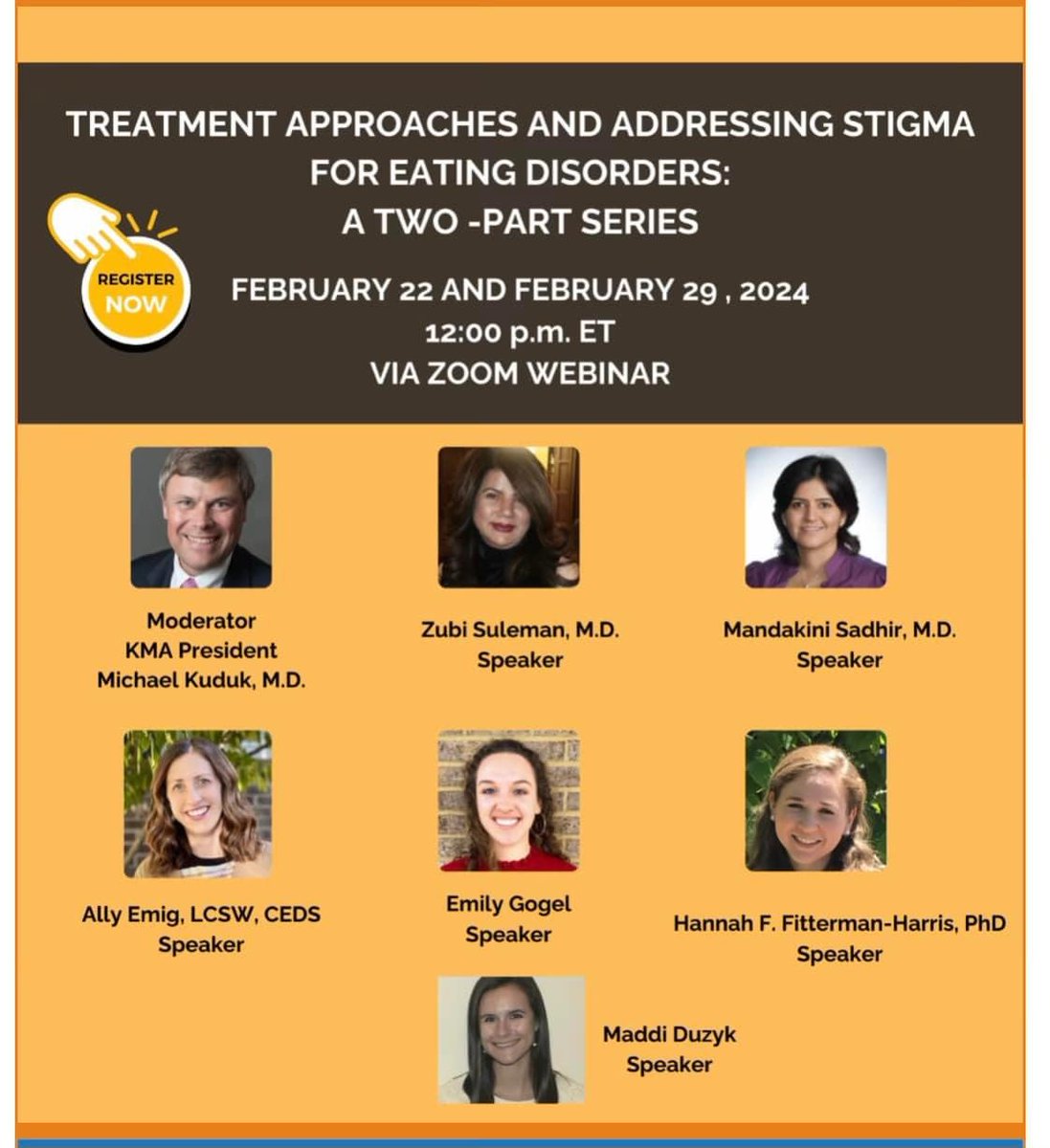 uofleatlab's tweet photo. Join the Kentucky Medical Association for a free Zoom webinar on Treatment Approaches and Addressing Stigma for Eating Disorders: A Two-Part Series

February 22 and 29 at 12:00pm ET

Register here: https://t.co/g7TaE3ltK6 https://t.co/yFISbVS8M4