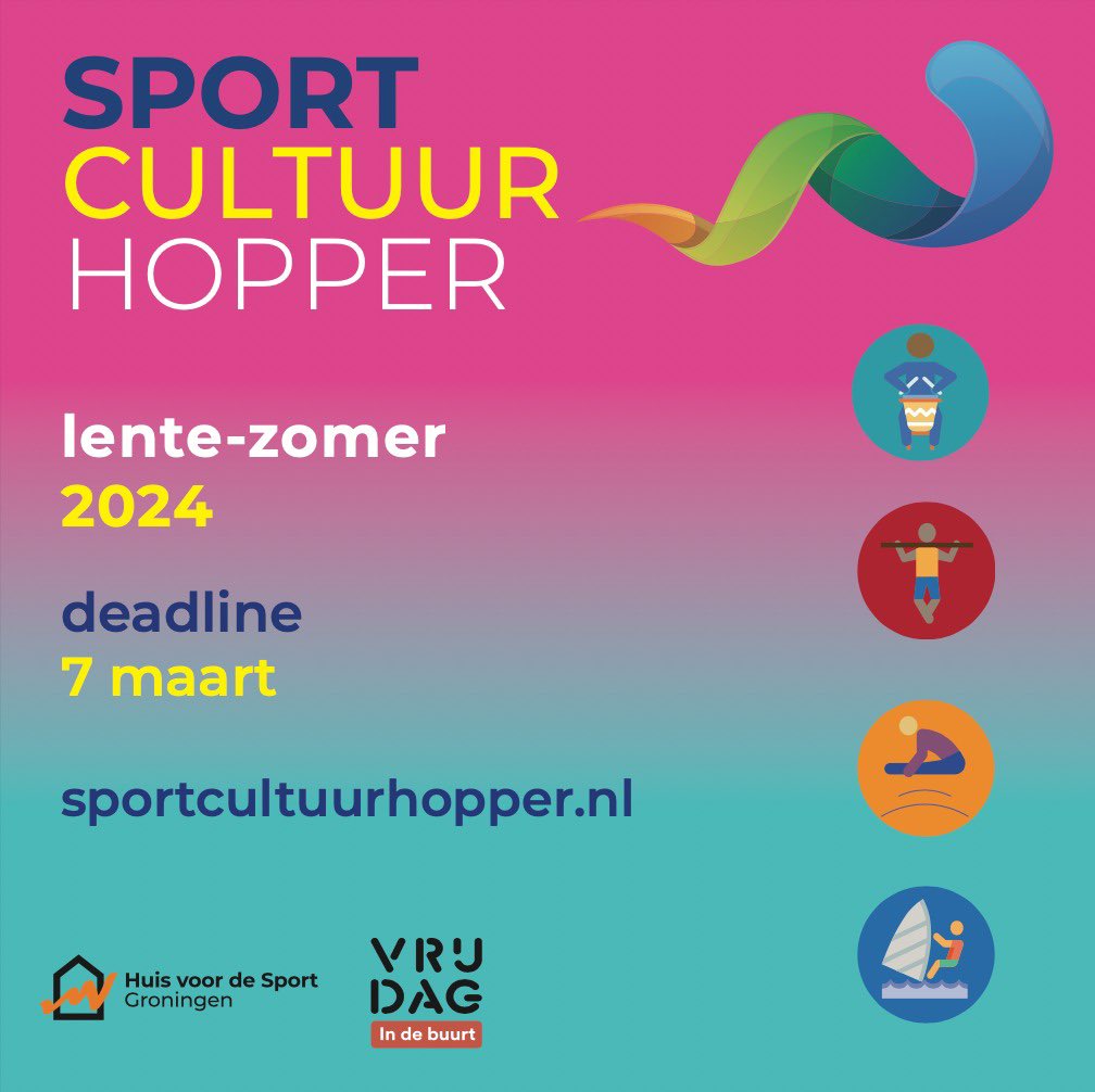 Bas Veldman (@basveldman) on Twitter photo De Sport- en Cultuurhopper periode lente/zomer 2024 in <a href="/gem_groningen/">Gemeente Groningen</a> is weer uit! Opgeven voor een sport en/of een cultuurcursus is mogelijk op sportcultuurhopper.nl De deadline is 7 maart. <a href="/HuisvoordeSport/">Huis voor de Sport</a> @bijVRIJDAG De Sport- en Cultuurhopper periode lente/zomer 2024 in <a href="/gem_groningen/">Gemeente Groningen</a> is weer uit! Opgeven voor een sport en/of een cultuurcursus is mogelijk op sportcultuurhopper.nl De deadline is 7 maart. <a href="/HuisvoordeSport/">Huis voor de Sport</a> @bijVRIJDAG