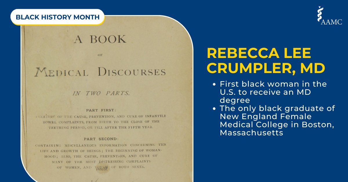 Today we honor Rebecca Lee Crumpler, MD, who became the first black woman in the U.S. to receive an MD degree (1864). Crumpler also wrote 'A Book of Medical Discourses: In Two Parts,' the book addresses children’s and women’s health. #BlackHistoryMonth 📷 cred: @NLM_NIH