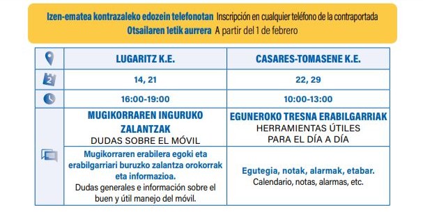 DonostiakoUdala's tweet photo. ✳ Mugikor ikastaroak hilero Plus55 programaren eskutik
✳ Mugikorraren inguruko zalantzak + Eguneroko tresna erabilgarria
✳ Informazio gehiago: https://t.co/o8OinxnWHt
#Donostia #SanSebastian #Plus55 @donostiakultura @DSSLagunkoia https://t.co/Rov9WKcQGF