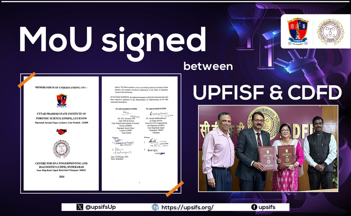 Breaking boundaries: Dr. GK Goswami, Founder Director of UPSIFS Lucknow, & Dr. Sangita Mukhopadhyay, In-charge Director of CDFD, sign transformative MoU! Promising DNA research advancements for crime detection. Students to train at CDFD. #DNAInnovation #CrimeDetection #MoU