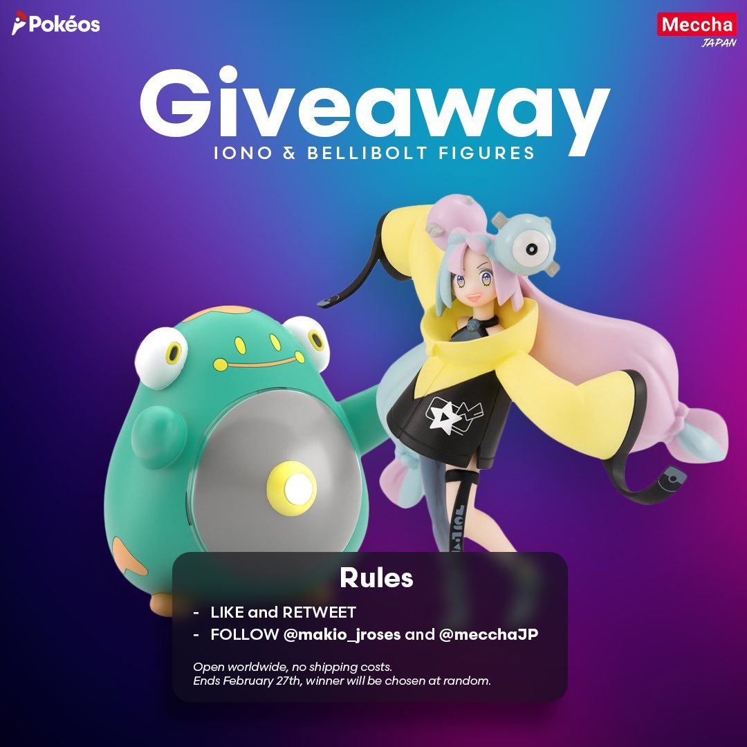 Do you want to win Iono &amp; Bellibolt figures!? 🤩⚡

To enter this #giveaway you need to:
- LIKE and RETWEET
- FOLLOW <a href="/makio_jroses/">Makio & JRoses | pokeos.com</a> and <a href="/mecchaJP/">Meccha Japan</a> 

We'll randomly select a winner on February 27th
Good luck everyone! 🍀