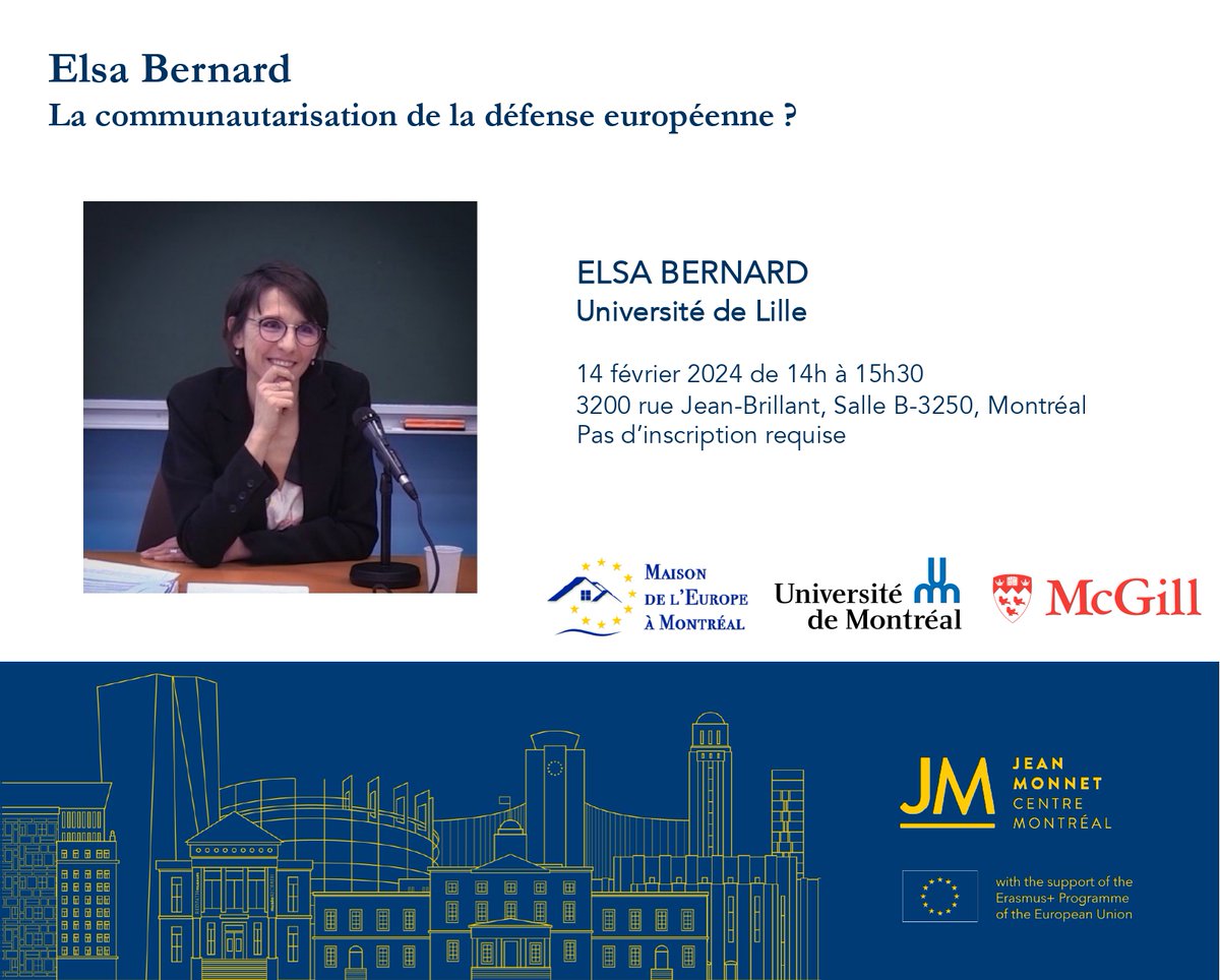 Jean Monnet Montréal (@jmcmontreal) on Twitter photo 🚨 Nous vous attendons demain avec <a href="/europe_montreal/">Maison de l'Europe à Montréal</a> pour la conférence d'<a href="/_ElsaBernard/">Elsa Bernard</a> (<a href="/FSJPS_Ulille/">FSJPS Ulille</a>) "La communautarisation de la défense européenne ?"
🕑14h
📍Pavillon Jean-Brillant (<a href="/Sciencepo_UdeM/">Science politique UdeM</a>), salle B-3250
--
<a href="/EUinCanada/">European Union in Canada</a>
<a href="/FranceaMontreal/">La France à Montréal 🇫🇷🇪🇺</a>
<a href="/UMontreal/">Université de Montréal</a> 🚨 Nous vous attendons demain avec <a href="/europe_montreal/">Maison de l'Europe à Montréal</a> pour la conférence d'<a href="/_ElsaBernard/">Elsa Bernard</a> (<a href="/FSJPS_Ulille/">FSJPS Ulille</a>) "La communautarisation de la défense européenne ?"
🕑14h
📍Pavillon Jean-Brillant (<a href="/Sciencepo_UdeM/">Science politique UdeM</a>), salle B-3250
--
<a href="/EUinCanada/">European Union in Canada</a>
<a href="/FranceaMontreal/">La France à Montréal 🇫🇷🇪🇺</a>
<a href="/UMontreal/">Université de Montréal</a>