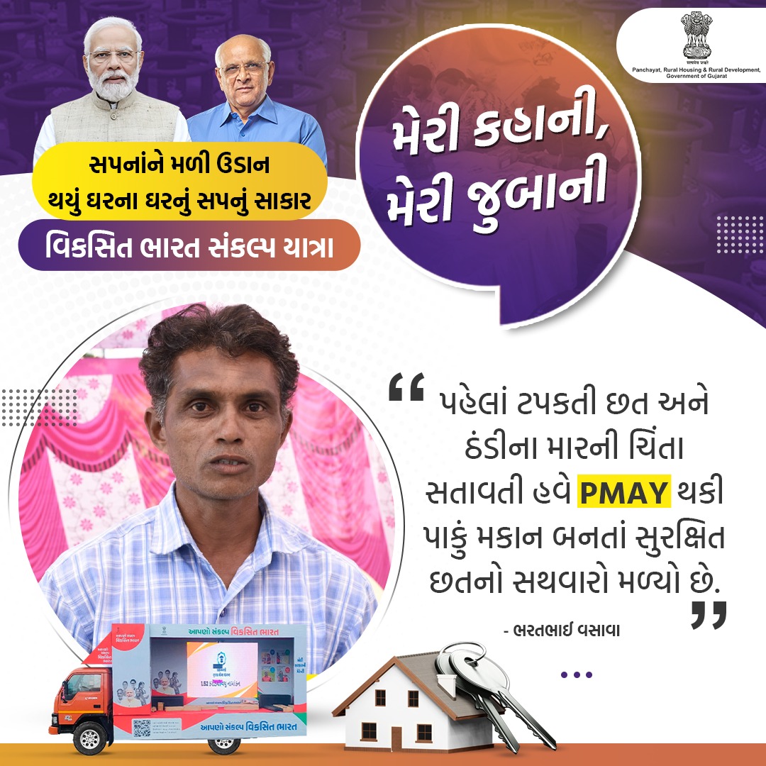 રાજ્ય સરકાર વિવિધ આવાસ યોજનાઓ થકી છેવાડાના માનવીને પાકા મકાનો મળે તે માટે અનેક પ્રયાસો કરી રહી છે, આવાસ યોજના હેઠળ લાભાન્વિત થયેલા ભરતભાઈએ મળેલા આવાસ અંગે પ્રતિભાવો રજૂ કરીને જરૂરિયાતમંદોને યોજનાનો લાભ લેવા પ્રેરિત કર્યા. 

#ViksitBharatSankalpYatra