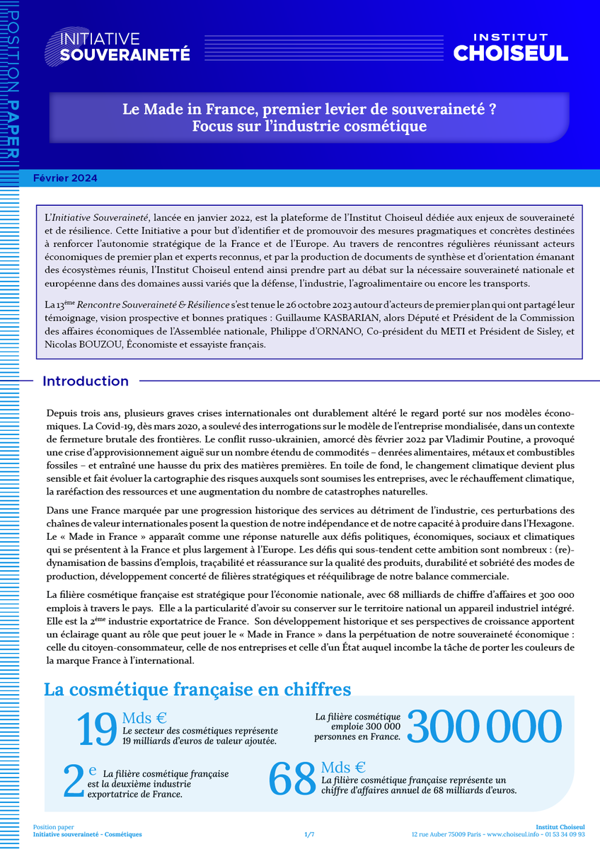 instchoiseul's tweet photo. #Paper | Le « Made In France », un levier de #souveraineté pour l’#industrie #cosmétique 🇫🇷 ?
 
Avec une croissance de ses exportations 📈 (+19 % en 2022, +16 % sur les 5 premiers mois de 2023), une forte contribution au « soft power » français 🔎

➡️ https://t.co/xAxf7tNw3K https://t.co/DEv01U3hd6