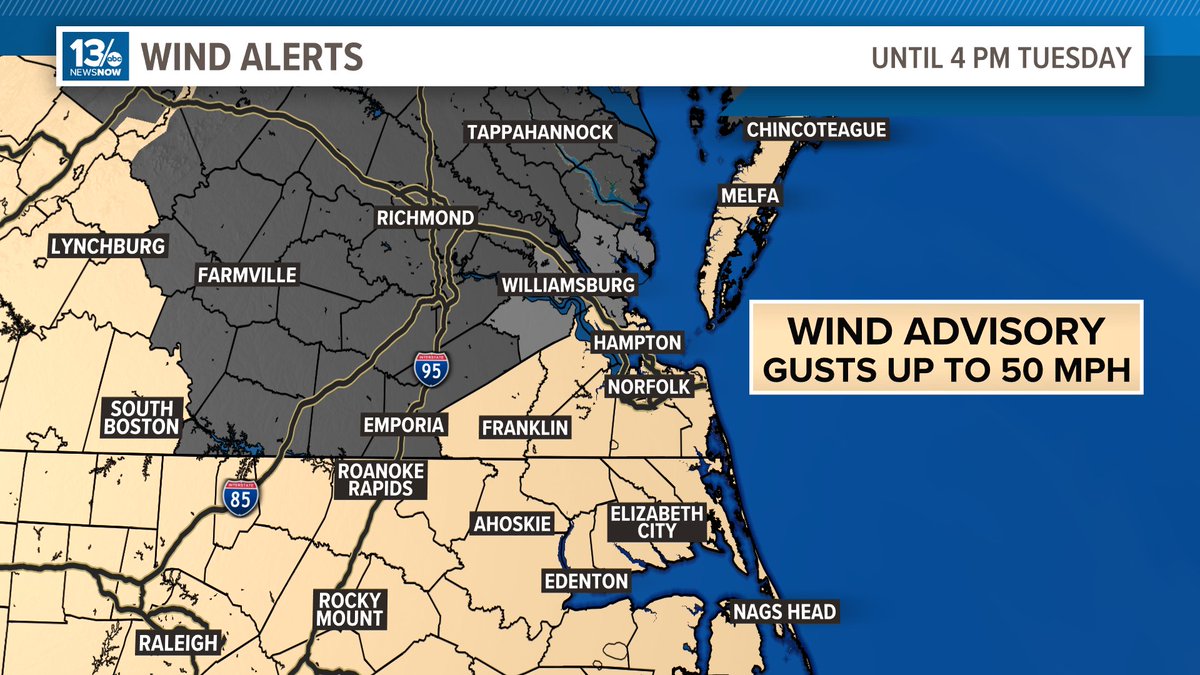 CraigMoellerTV's tweet photo. Winds are starting to pick up. Gusts now 20-30 mph for much of the area. They will increase over the next several hours. A wind advisory in effect. #13NewsNow #13Weather #13Daybreakers #vawx #ncwx https://t.co/BtwPtkkyDd