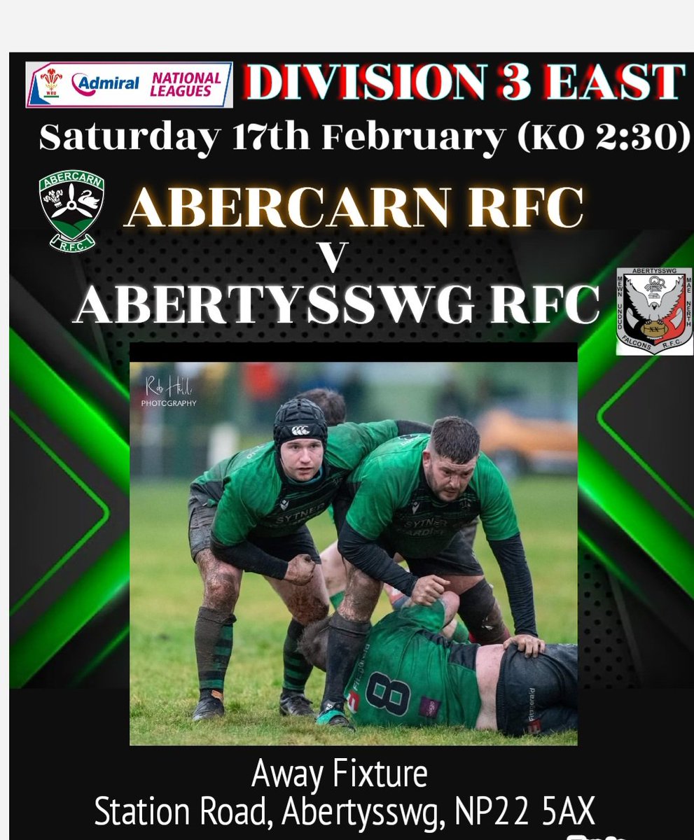 *Away Fixture*
This Saturday we return back to the field in League Action with an away trip to Abertysswg RFC. 
We would really appreciate your fantastic support this Saturday as we enter an important part of the season. 🏉💪 💚🖤