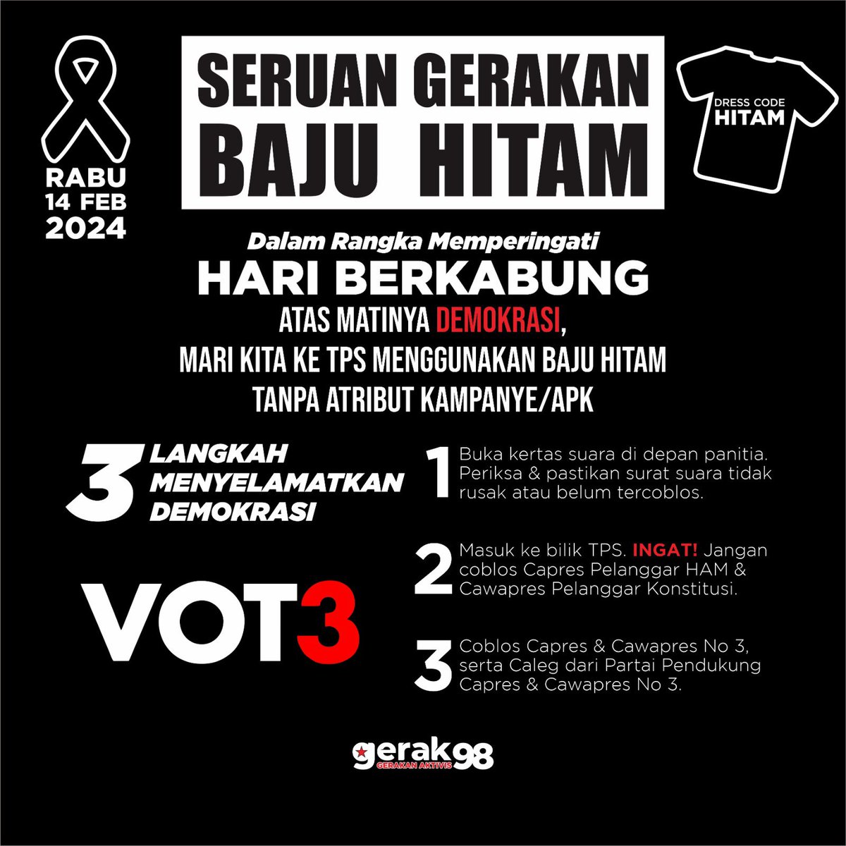 Penting unk disebarkan!!! 3 langkah menyelamatkan demokrasi. 1. Buka kertas suara didepan panitia, Pastikan surat suara tdk rusak & blm tercoblos. 2. JANGAN coblos capres pelanggar HAM & cawapres pelanggar konstitusi. 3. Coblos Paslon 03 serta partai pendukung. #KitaAdalahTiga…