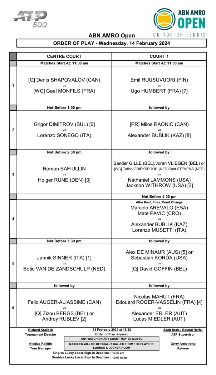 abnamroopen's tweet photo. Fresh off the presses! ๐ฐ
Wednesdayโs order of play has just been released, and itโs a doozy. ๐คฉ #abnamroopen https://t.co/GDYKzLWq42