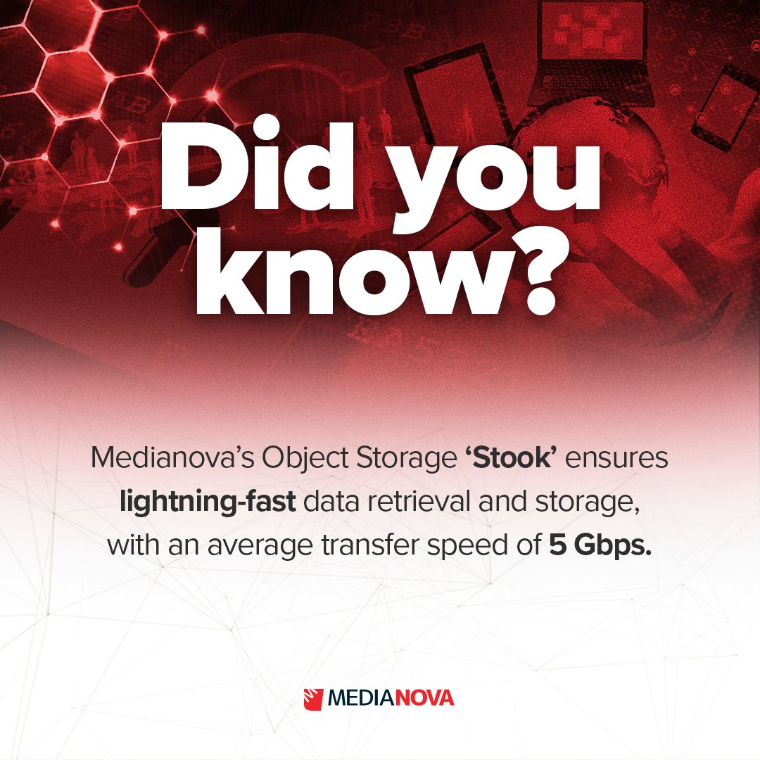 Experience lightning-fast data retrieval and storage with #Medianova's Object Storage solution, '#Stook'! With an impressive average transfer speed of 5 Gbps, your #data will be at your fingertips when you need it most.

#ObjectStorage #DataEfficiency