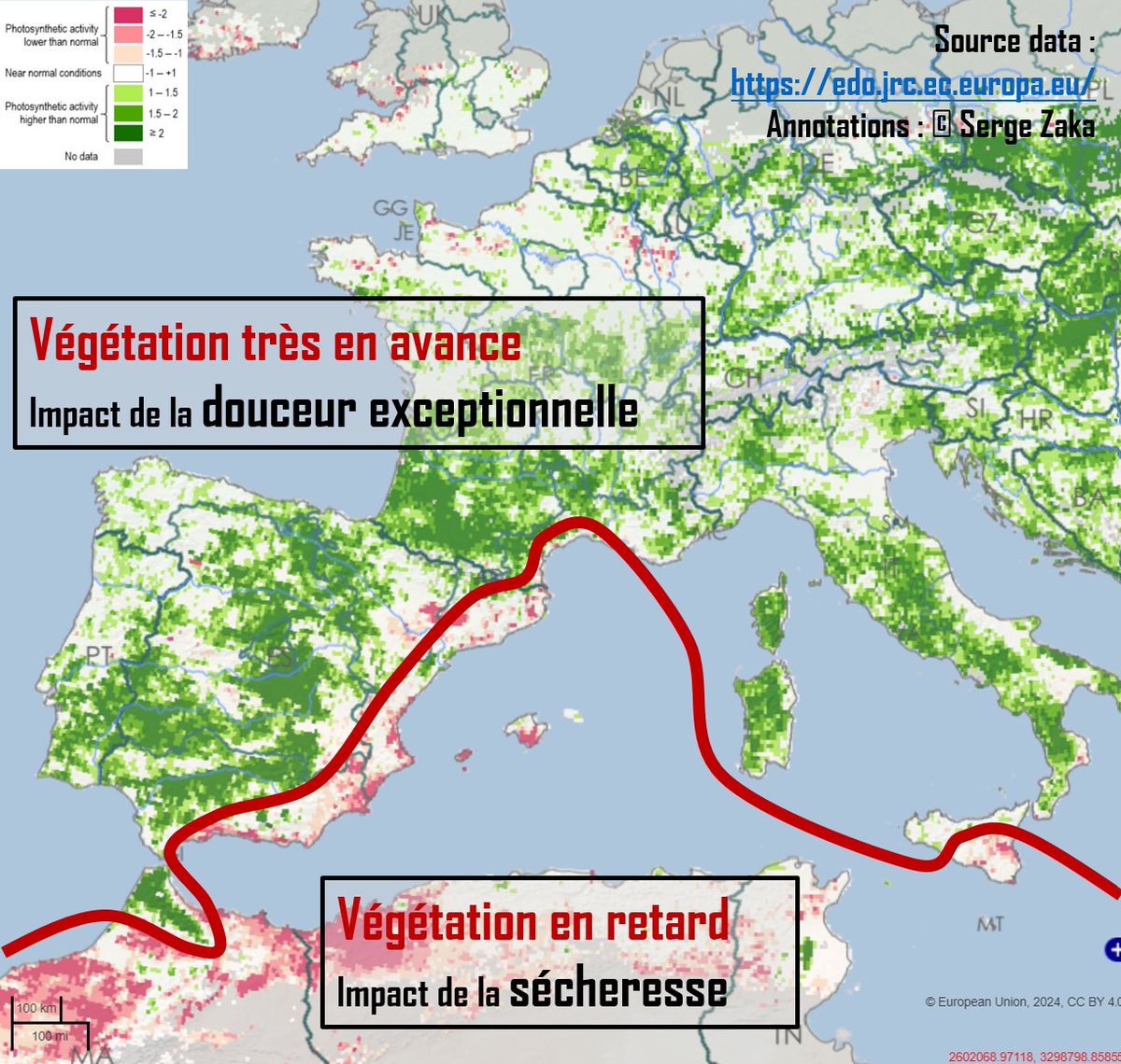 SergeZaka's tweet photo. Les cartes Copernicus  de l'activité photosynthétique de nos végétaux sont éloquentes :
➡️Dans le nord : la douceur entraîne un réveil très précoce de la végétation (prairies, arbres fruitiers précoces, grandes cultures etc.), la laissant à la merci du gel.
➡️Dans le sud : la sécheresse impacte fortement les forêts, prairies et les cultures. La végétation est en retard voire complètement inactive.
Merci @EtienneFargetMC pour la source.