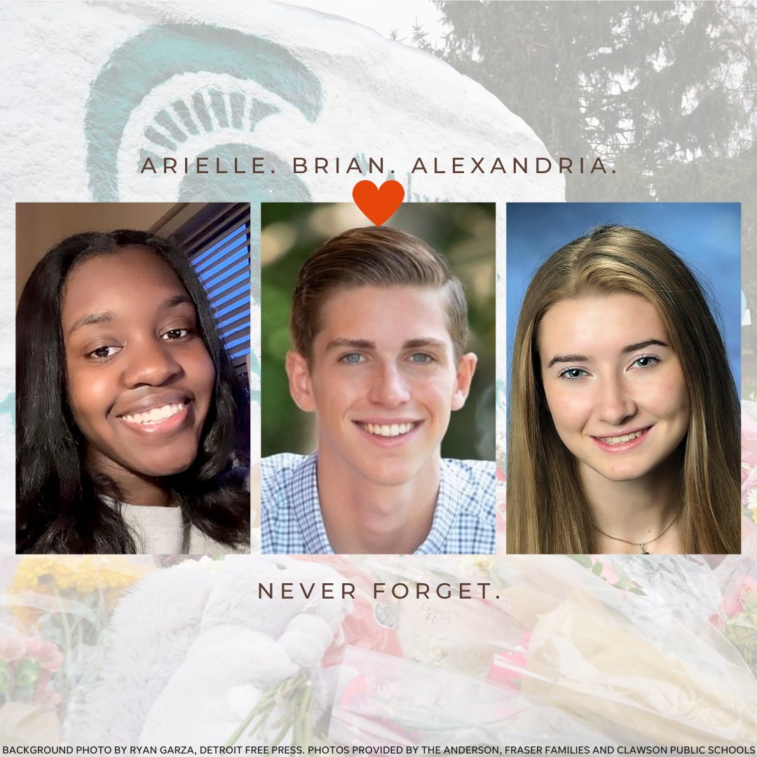 A year ago, on the evening of Monday, Feb. 13, 2023, a man took the lives of Arielle Anderson of Harper Woods, Alexandria Verner of Clawson and Brian Fraser of Grosse Pointe, and injured five at <a href="/michiganstateu/">MSU</a>. Today, like every day, we honor them. tinyurl.com/3nsyth3n