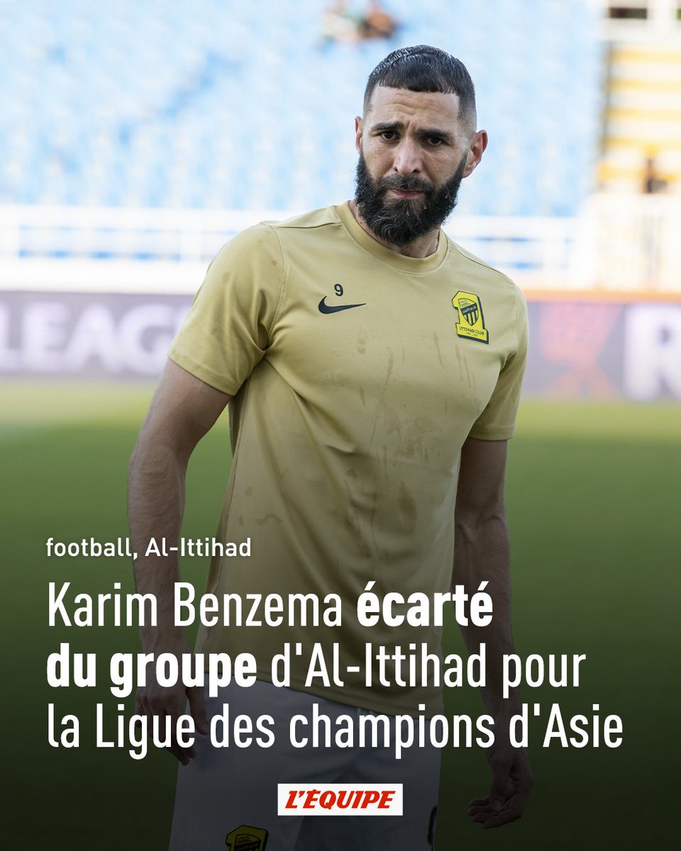 lequipe's tweet image. Karim Benzema n'a pas été retenu par son coach, Marcelo Gallardo, pour disputer les huitièmes de finale de la Ligue des champions asiatique &amp;gt; ow.ly/f00s50QAAfy