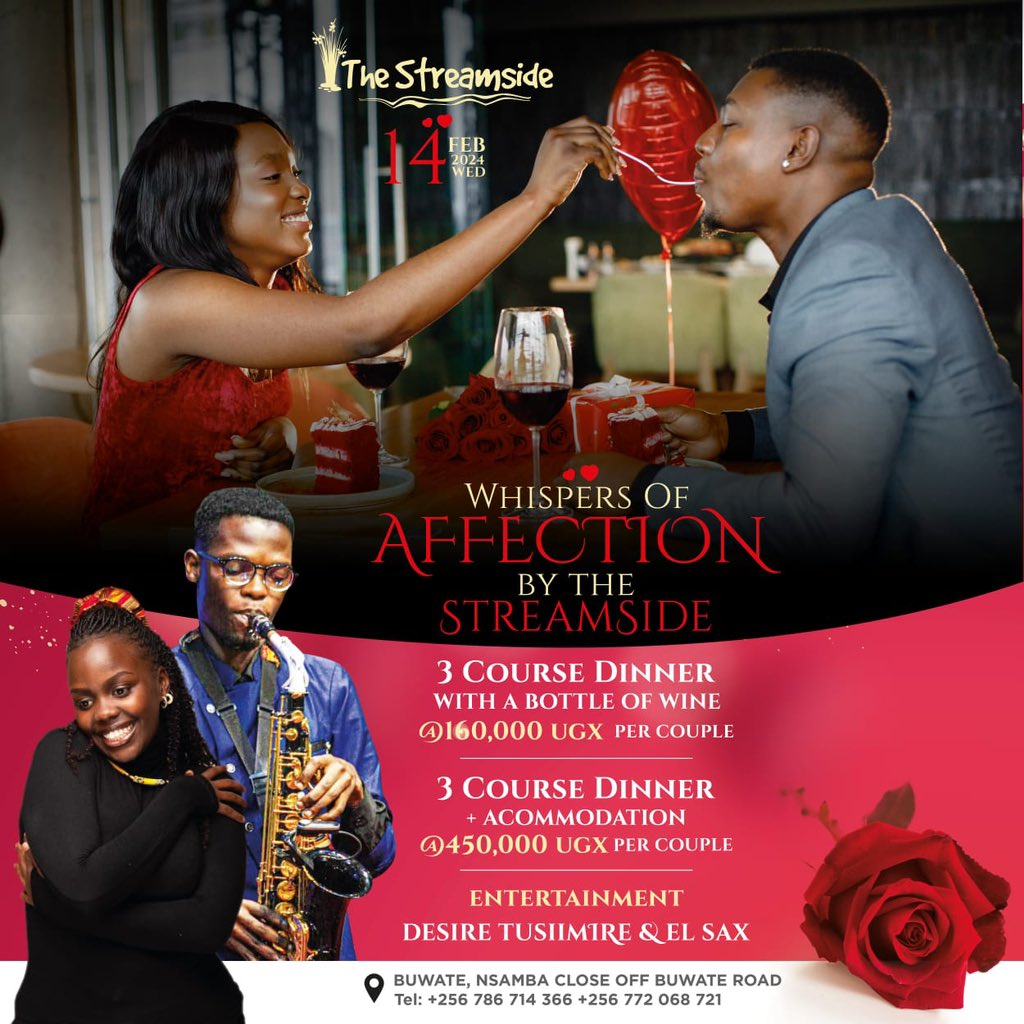 TracyKirabo4's tweet photo. Valentine’s Day is here🥰 and the @thestreamsideug has amazing offers for you and your loved ones! Hurry and book your reservation today.
#TheStreamSideUG https://t.co/7XEvPGLjfi