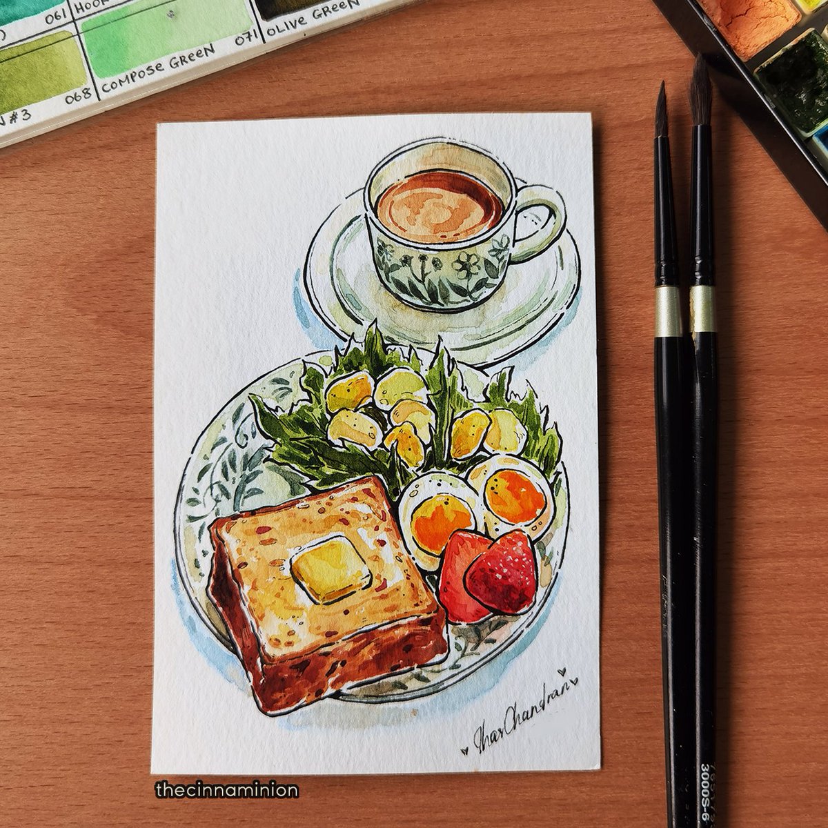 Buttered toast with eggs and strawberries! 🍓🥚🍞✨It's nice to be able to paint food again! This is done on A6 postcard, perfect for quick sketches hehe 😍