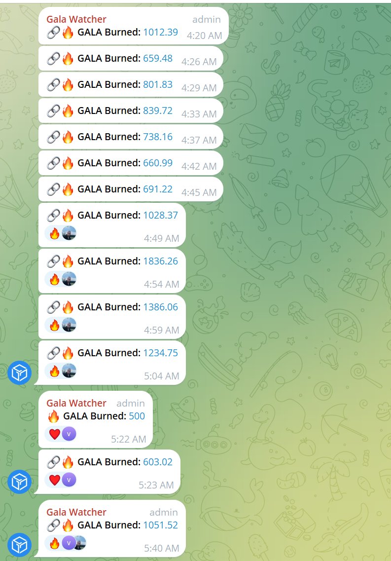 BitBenderBrink's tweet photo. Its pretty fun to watch the $GALA burns as they hit the channel in Telegram.

These are all user-initiated burns. 

As the next phase of the chain development expands, you will see other stuff in this channel too.

https://t.co/DtoSWkpGv1 https://t.co/ThaYQhjf0Y