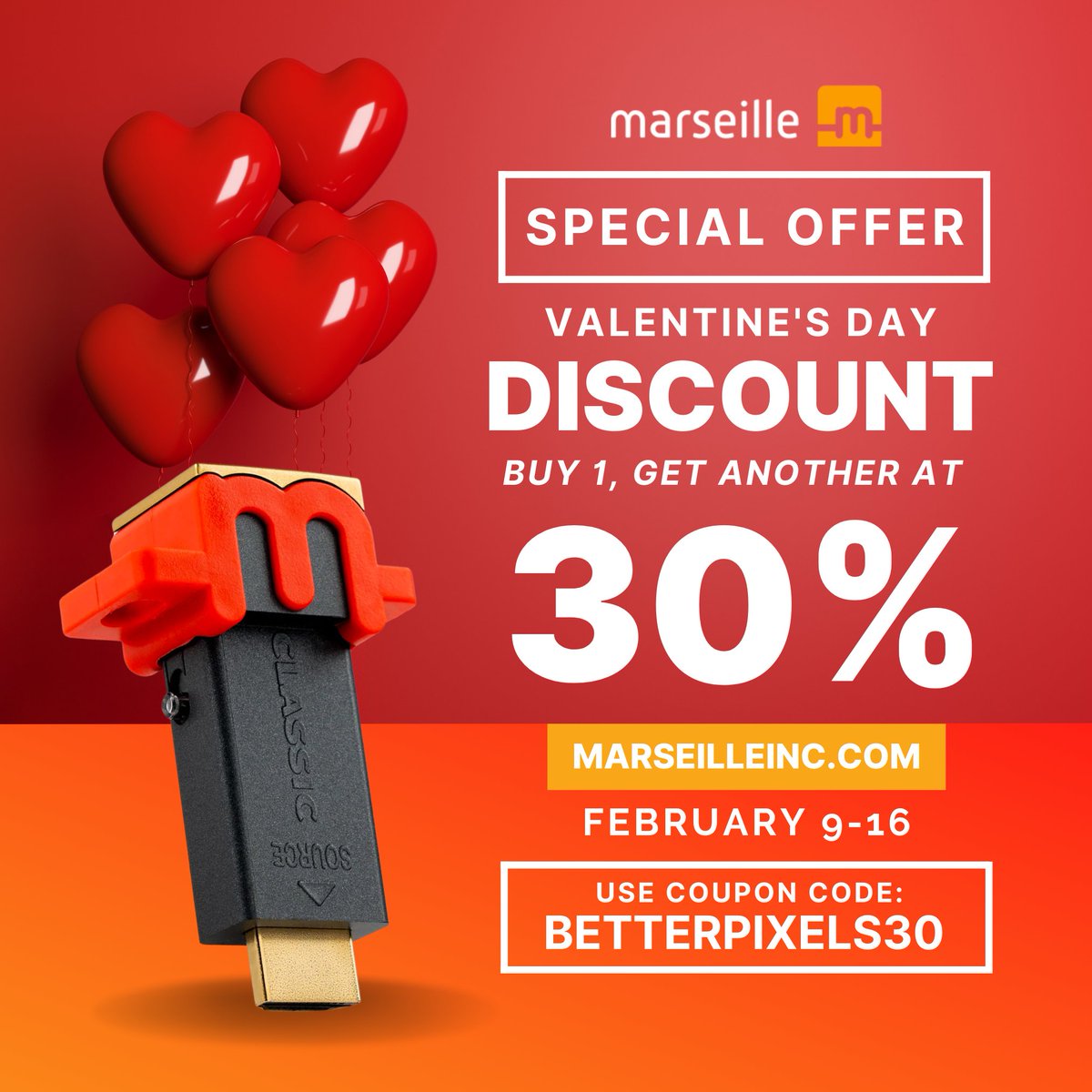 MarseilleInc's tweet photo. 💛 Valentine's Day Special ❣️

For a limited time only, buy a mClassic and get another at 30% off!

📅 Promo runs until February 16th
🌐 Website exclusive

Celebrate love &amp; don't miss out!

#Gaming #Graphics #Enhancer #ValentinesDay #Valentines #ValentinesPromo #VDay2024 https://t.co/3OkIjBP6E2