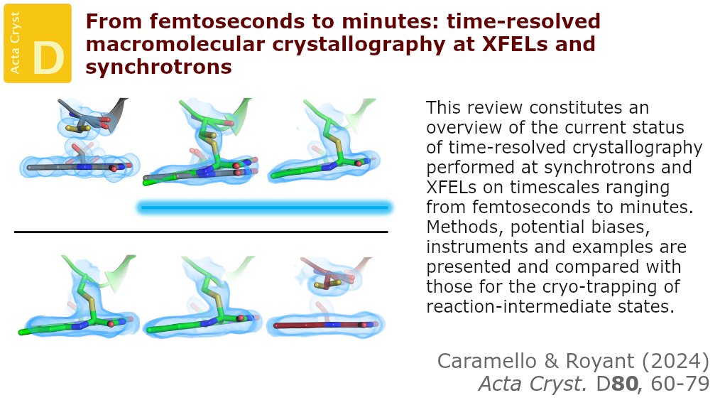This current status of time-resolved serial femtosecond crystallography and serial synchrotron crystallography is reviewed, with a comparison to cryo-trapping methods. <a href="/unihh/">Universität Hamburg</a> <a href="/ActaCrystD/">Structural Biology</a> <a href="/IUCr/">IUCr</a> #TimeResolvedCrystallography #StructuralPhotobiology  doi.org/10.1107/S20597…