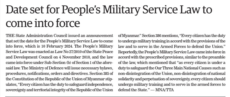 MayWongST's tweet photo. #Myanmar @NUGMyanmar calls #military regime's recent compulsory military service for young men &amp; women "unlawful" with "no legal effect". Adds move shows regime's "desparate". Says #NUG &amp; allied forces will "take all necessary measures" to stop roll-out #WhatsHappeninglnMyanmar https://t.co/SzZh34R56N
