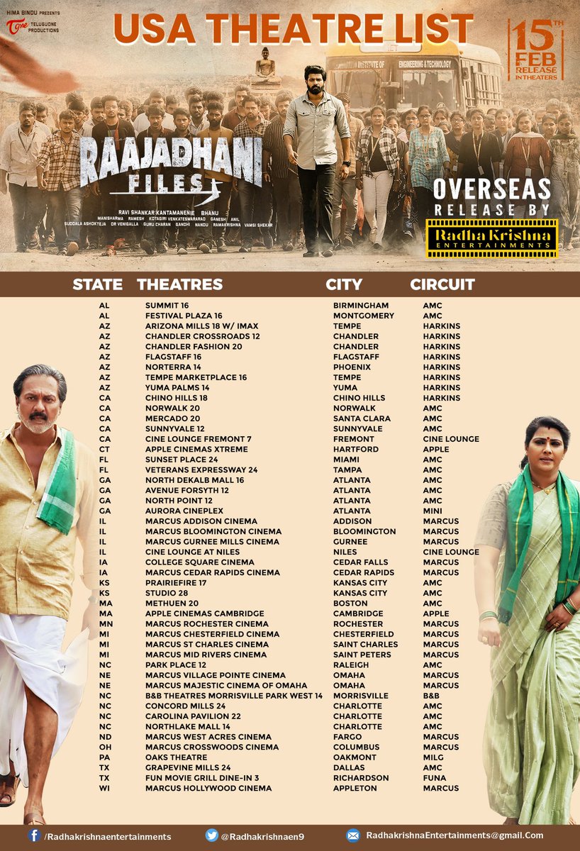 Radhakrishnaen9's tweet photo. USA Theatre list of Raajadhani Files
Overseas Release by @Radhakrishnaen9 
#RaajadhaniFilesMovie #RaajadhaniFiles #directorbhanu #RajadhaniFiles #RajadhaniFilesMovie #RAJADHANI #TeluguNews https://t.co/Kuk5a8WeCs