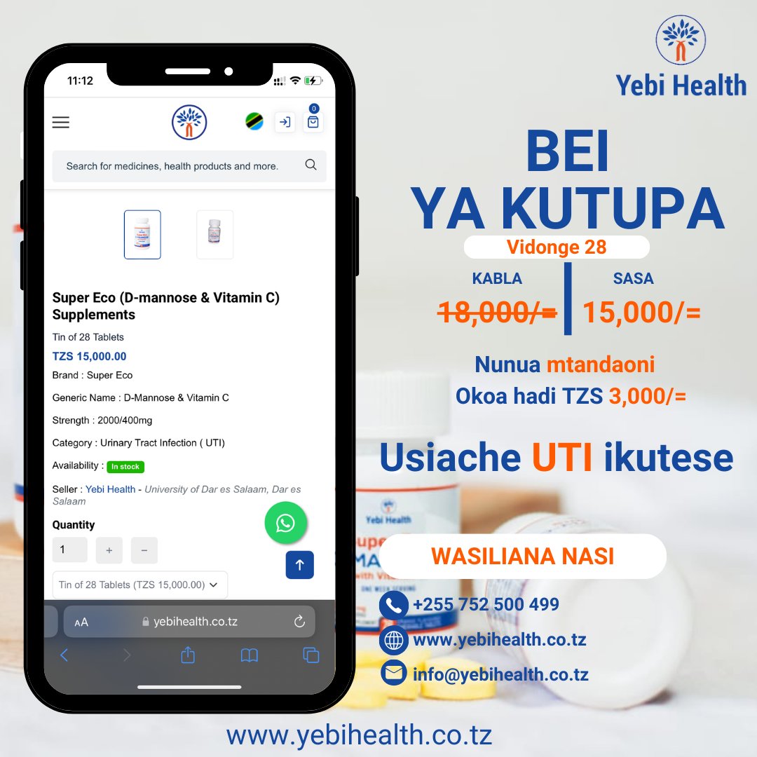 Usiache UTI ikutese!
Pambana na maaambukizi katika mfumo wa mkojo kwa kutumia Super Eco D-Mannose, chaguo namba moja la madaktari Tanzania.