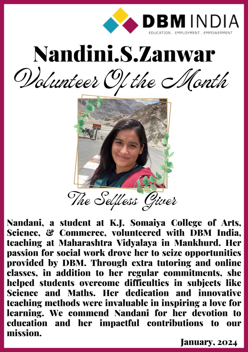 DBMission's tweet photo. The volunteer for month of January 2024 is Nandini.S.Zanwar, a student at K.J. Somaiya College of Arts, Science, & Commerce, Volunteered to teach at Maharashtra Vidyalaya in Mankhurd.
#dbmindia #dbmteam #volunteer #volunteerofthemonth #supportingthecause #education #fothecause https://t.co/aNnnw3V28W