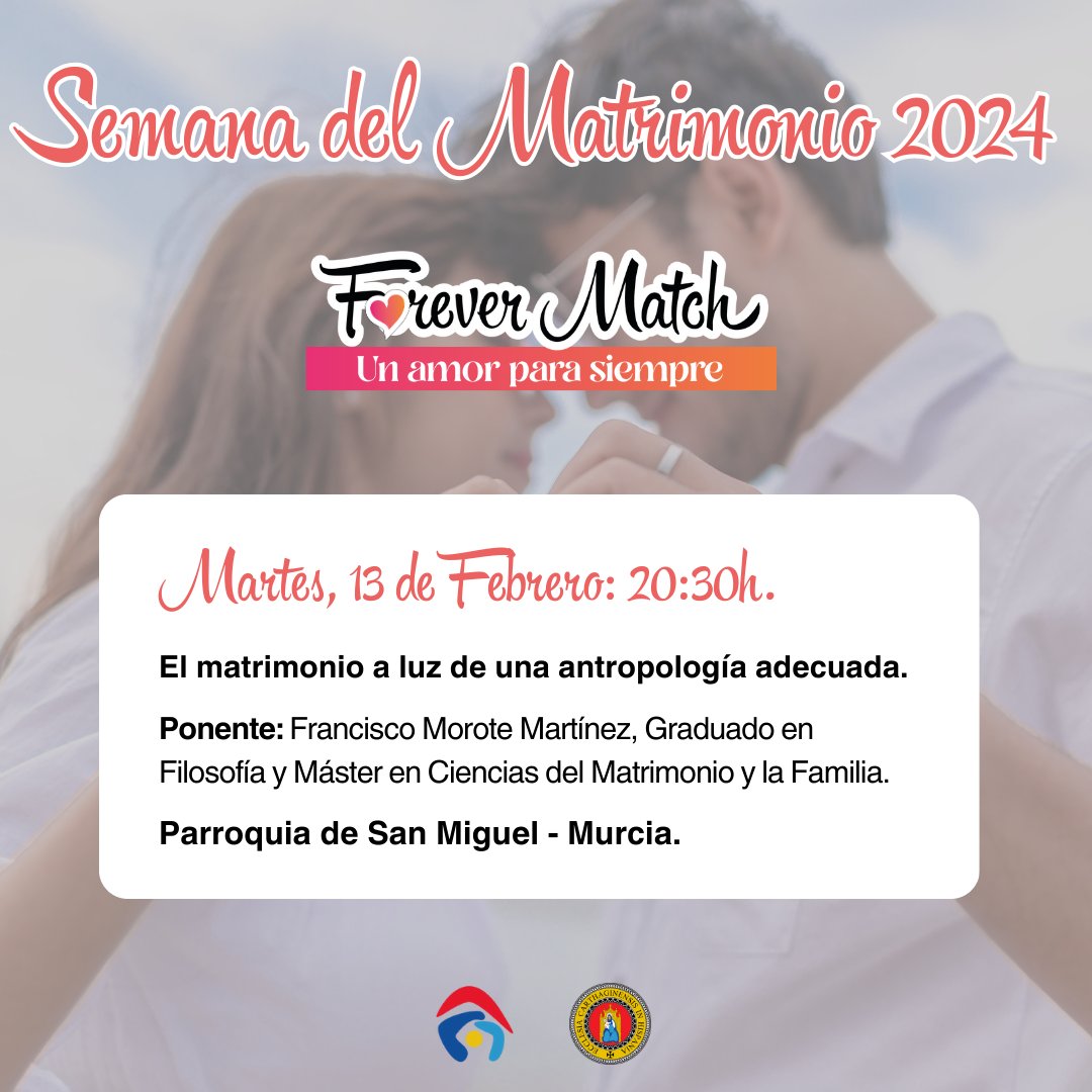 💗 ¡Hoy hazte un MATCH!

💖 Continuamos en la #SemanadelMatrimonio. Te esperamos en la parroquia de San Miguel de Murcia a las 20:30 horas.

🎙 "El matrimonio a la luz de una antropología adecuada" con Francisco Morote.

ℹ Más info: familiayvida.org/semana-del-mat…