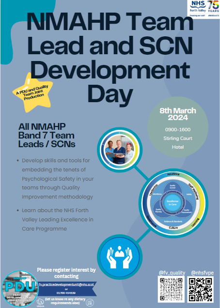 fv_quality's tweet photo. 📢CALLING NHS FV NMAHP TEAM LEADS / SCNs! 

🎉You’re Invited to NMAHP Team Lead/SCNs Development Day
📅Date: Friday 8th March
⏲️Time: 9am - 4pm
📍Location: Stirling Court Hotel 
✅RSVP: fv.practicedevelopmentunit@nhs.scot
@MorvenJDunn @NHSFVPE @doug_high @Kirstieahp @PaulineDahp https://t.co/Fy0pQ3iunc