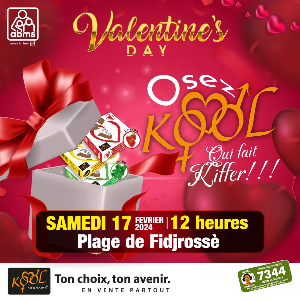 amouretvieabms's tweet photo. #StValentin💘 2024
Rendez-vous le samedi 1️⃣7️⃣ février 2️⃣0️⃣2️⃣4️⃣ à partir de 12h 🕛 à la plage de Fidjrossè pour la grande activité de sensibilisation, "Valentin’s day aux couleurs 😍 de l’amour avec KOOOL Condoms".
#ValentinsDay
#SantéSexuelle
#PréventionIST
#kooolcondoms https://t.co/FlLWoAAFy9