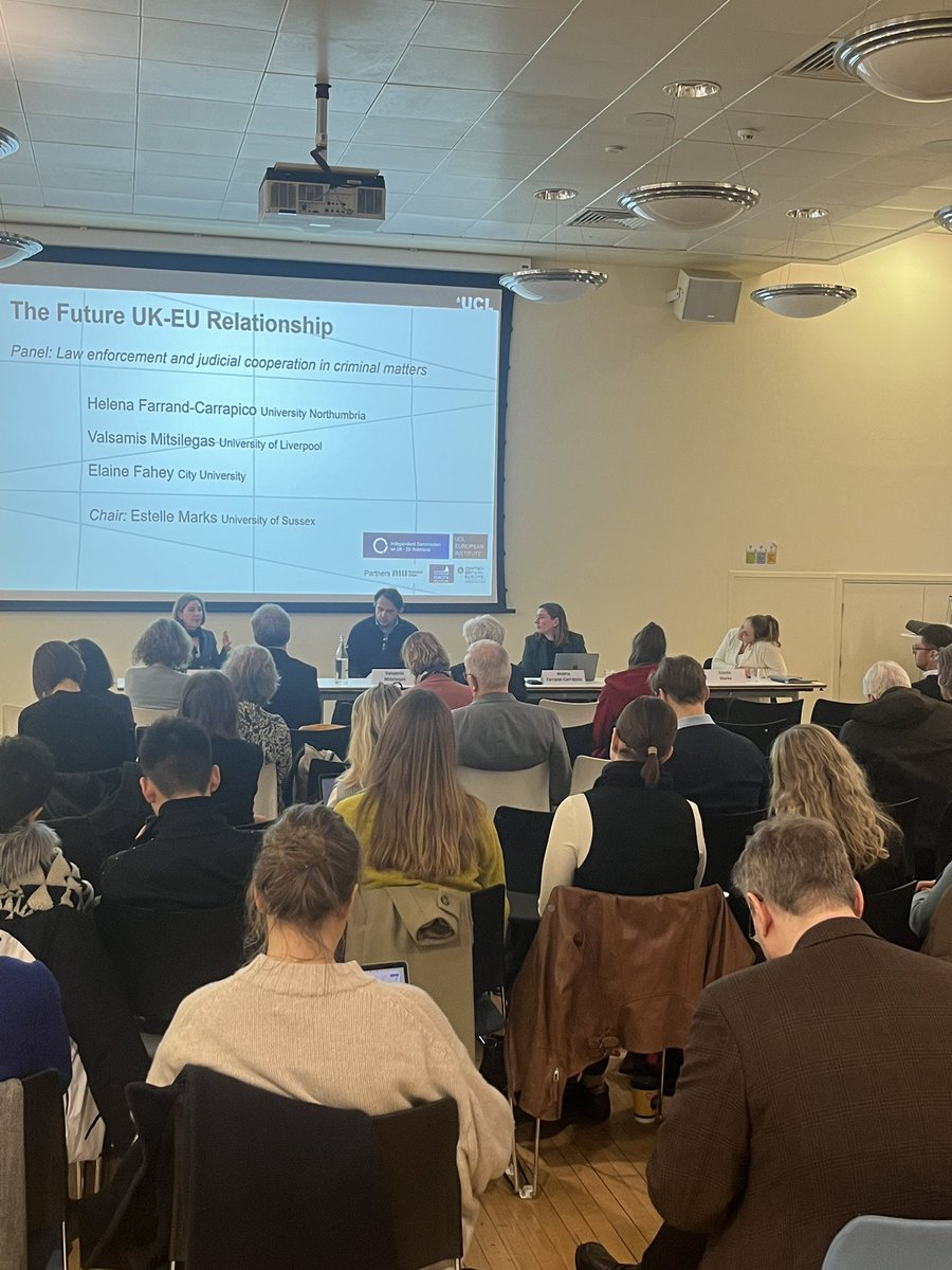 Insightful panel on Law Enforcement & Judicial Cooperation on Criminal Matters taking place at the Future UK-EU Relationship Conference With thanks to Estelle Marks @SussexUni, Valsamis Mitsilegas @LivUni, @faheye of @CityUniLondon and Helena Farrand-Carrapico @NorthumbriaUni